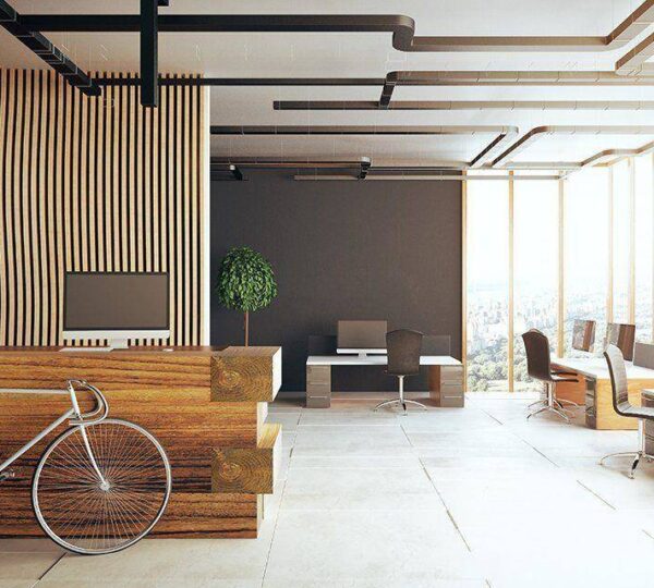 Modern office with large windows, wooden accents, and minimalist desks. A bicycle is parked inside, and a potted plant sits near a black wall. Natural light fills the spacious, open-layout workspace.