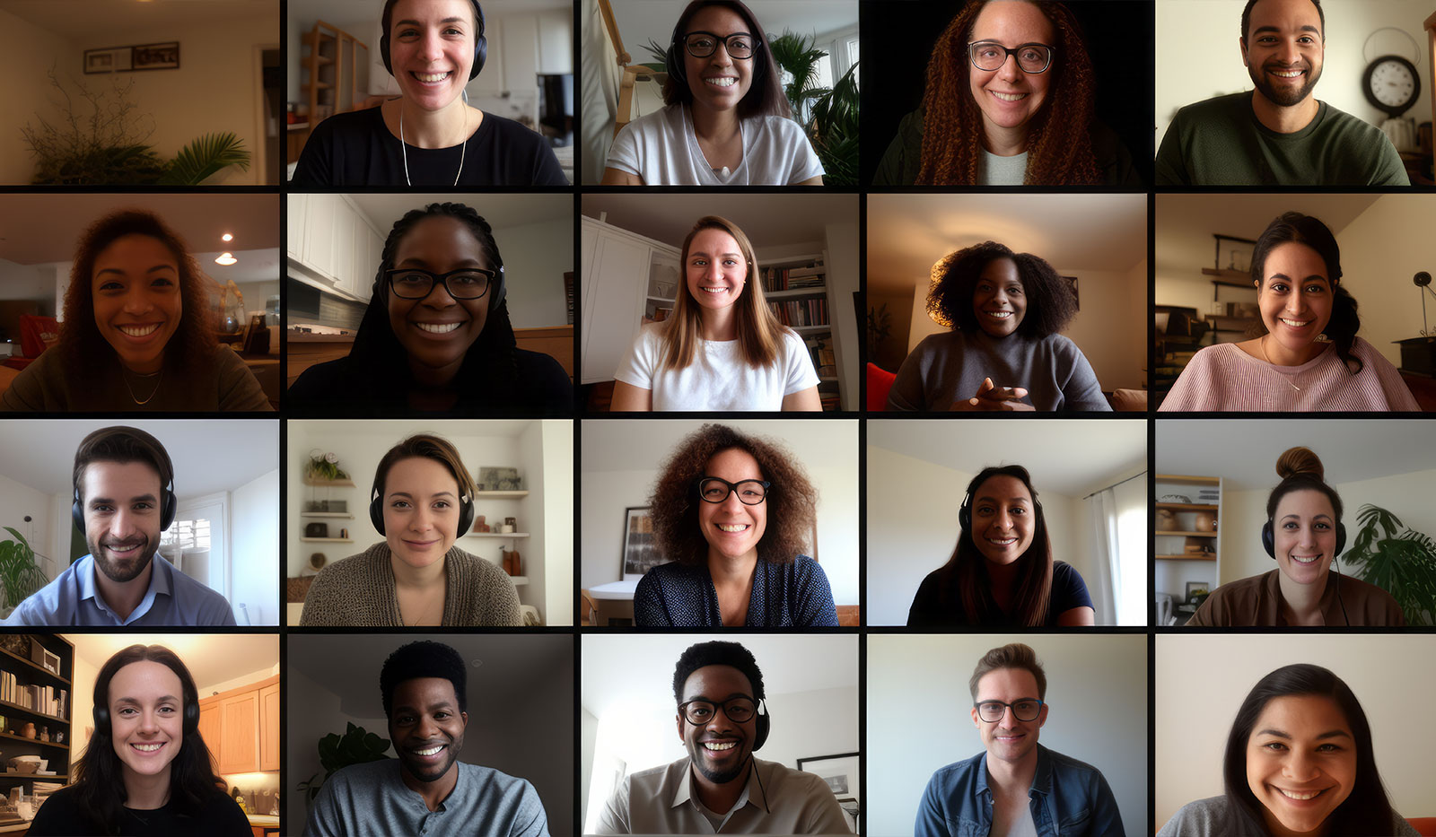 A team of people on an online conference call. Grid of webcam faces