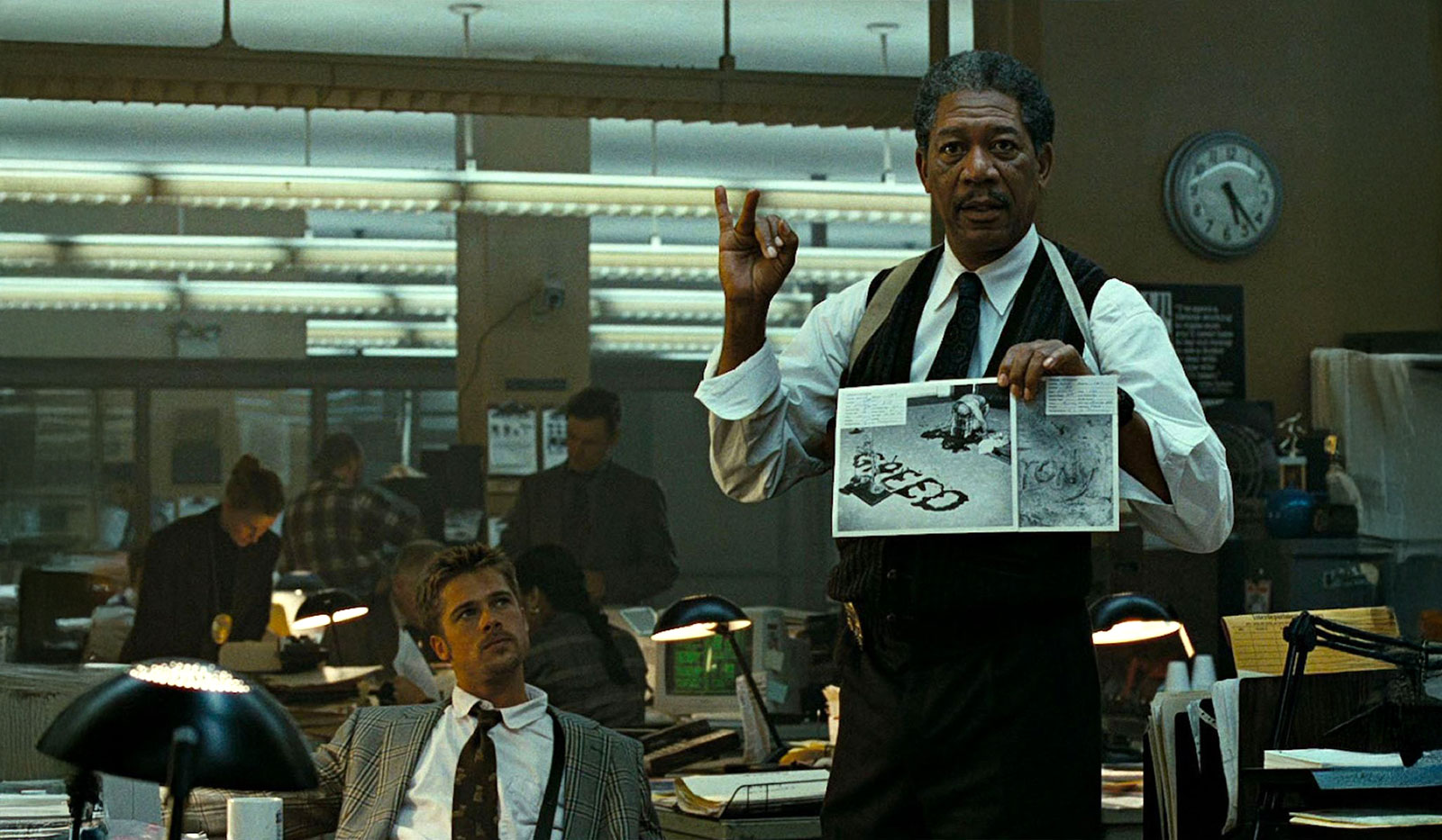 Scene from "Seven" featuring Morgan Freeman and Brad Pitt.