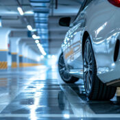 Grey car in indoor full parking lot, blurry images of cars parked