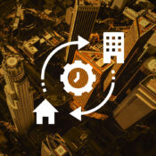 Overhead view of DTLA, with Hybrid icon overlayed.